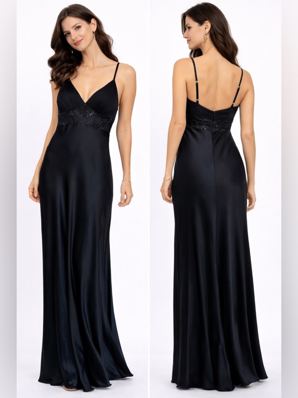 BCBG Black Satin Maxi Slip with Lace Empire Waist